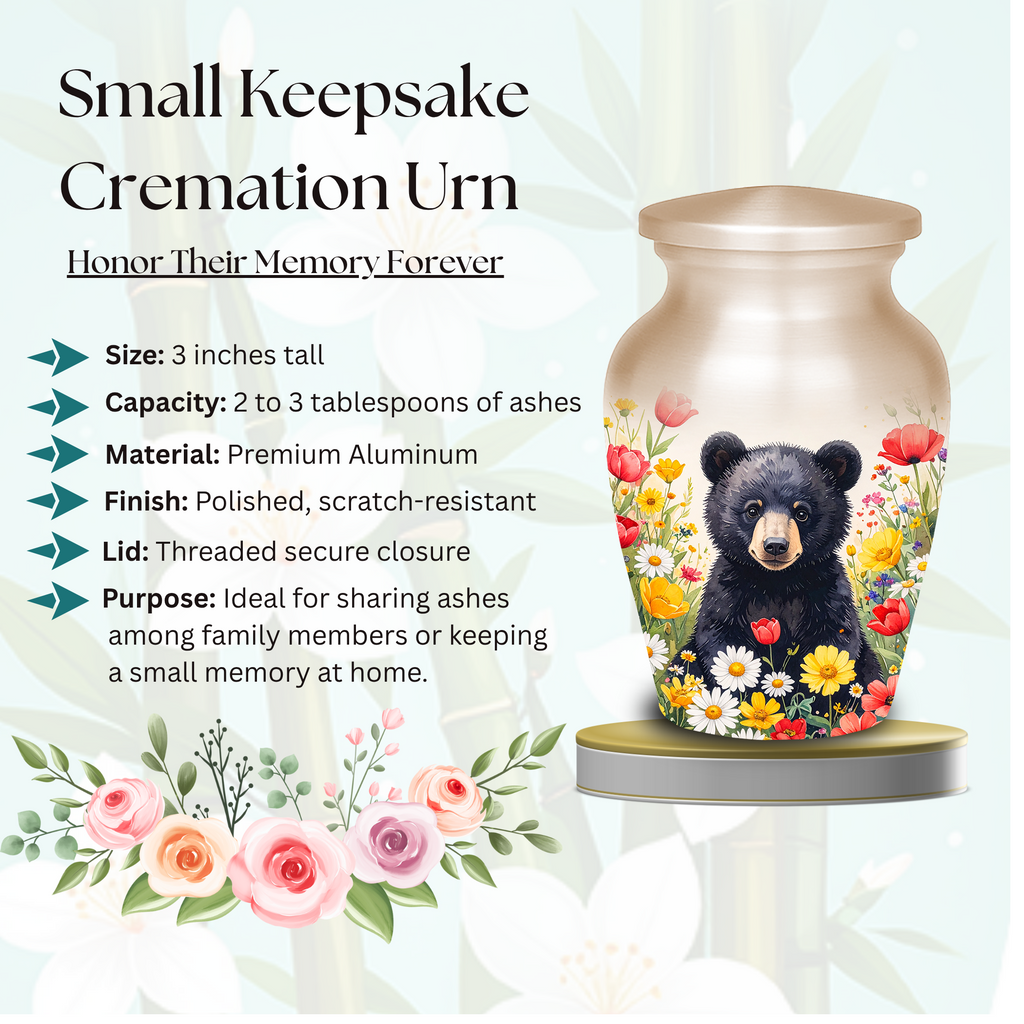 Black Bear in Wild Flower Cremation Urns for Human Ashes | Adult & Keepsake Urns | Premium Aluminum Memorial Urns | Beautiful Funeral Keepsakes