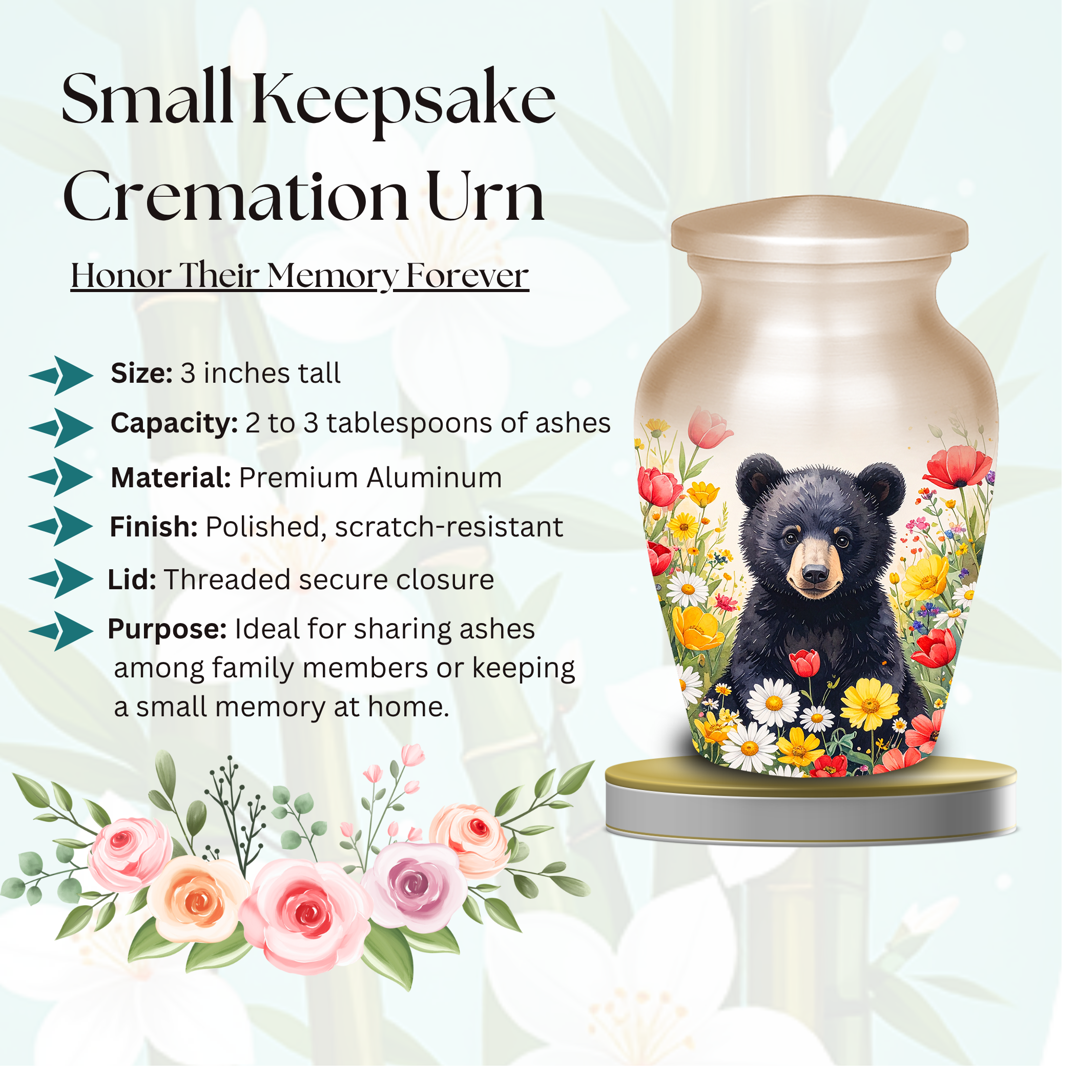 Black Bear in Wild Flower Cremation Urns for Human Ashes | Adult & Keepsake Urns | Premium Aluminum Memorial Urns | Beautiful Funeral Keepsakes