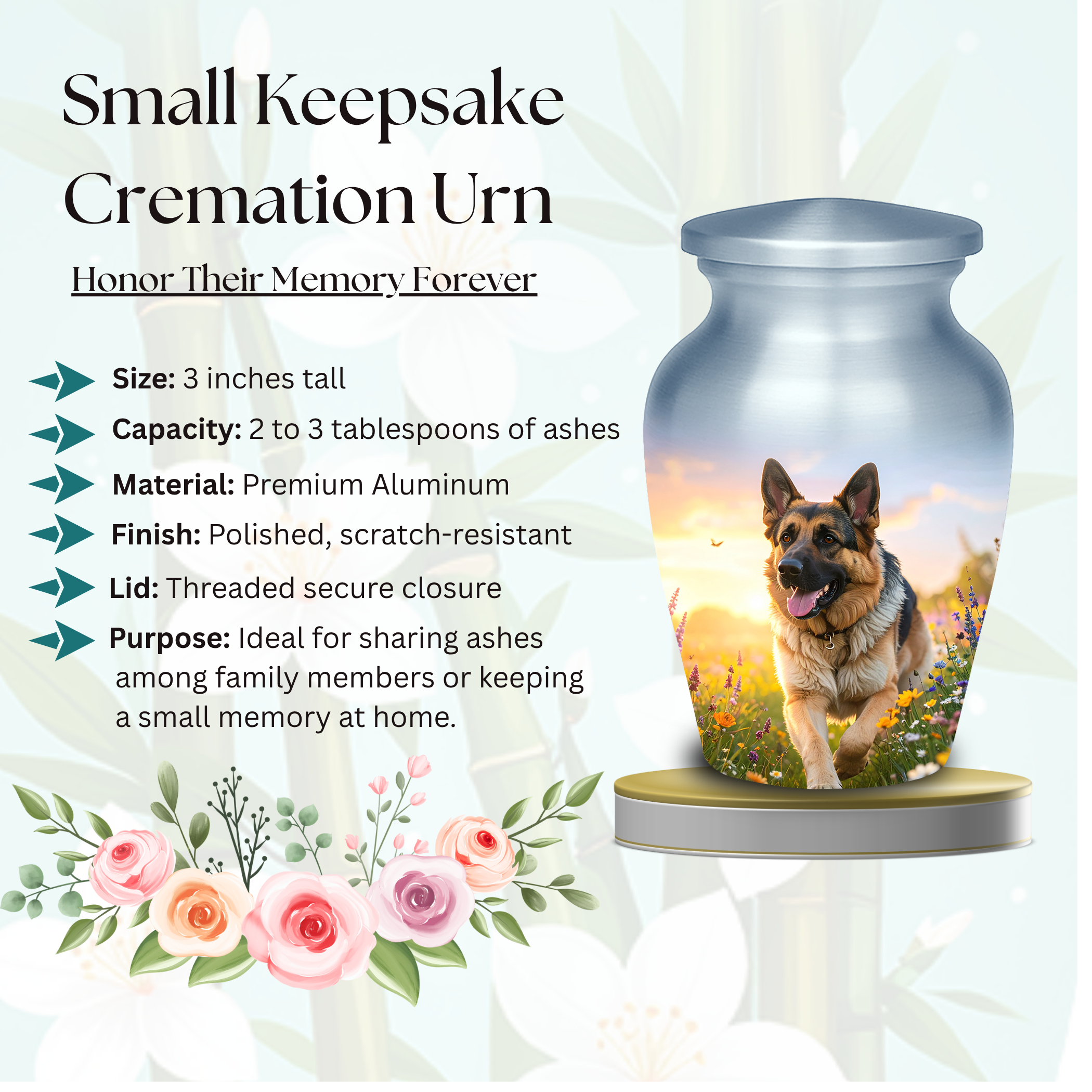 Memorial gift urn for German Shepherd owner, pet ashes, wildflower field design