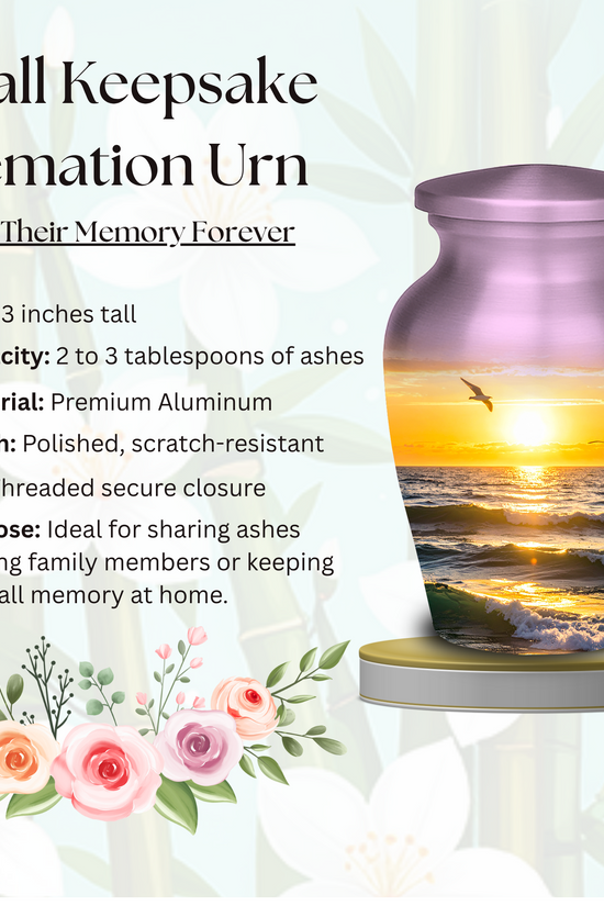 Sunset ocean cremation urn displayed on wooden table