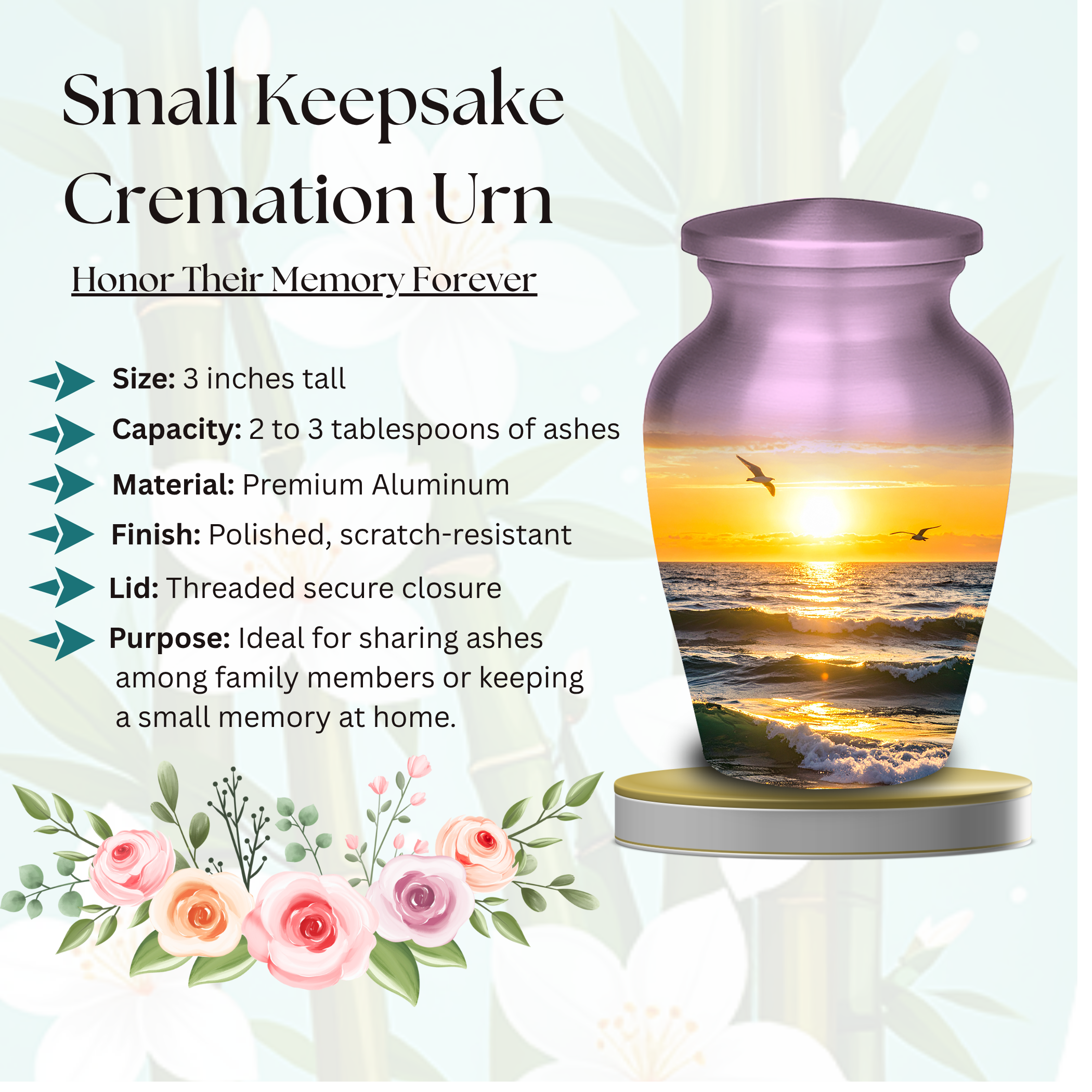 Sunset ocean cremation urn displayed on wooden table