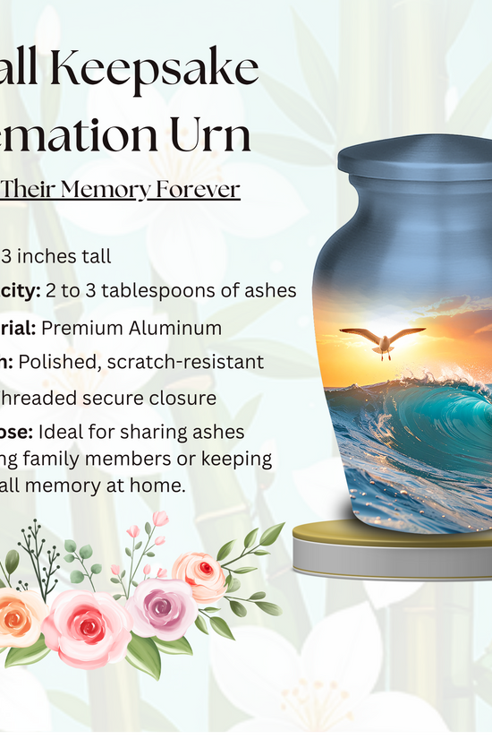 Handmade cremation urn featuring beautiful ocean sunset print