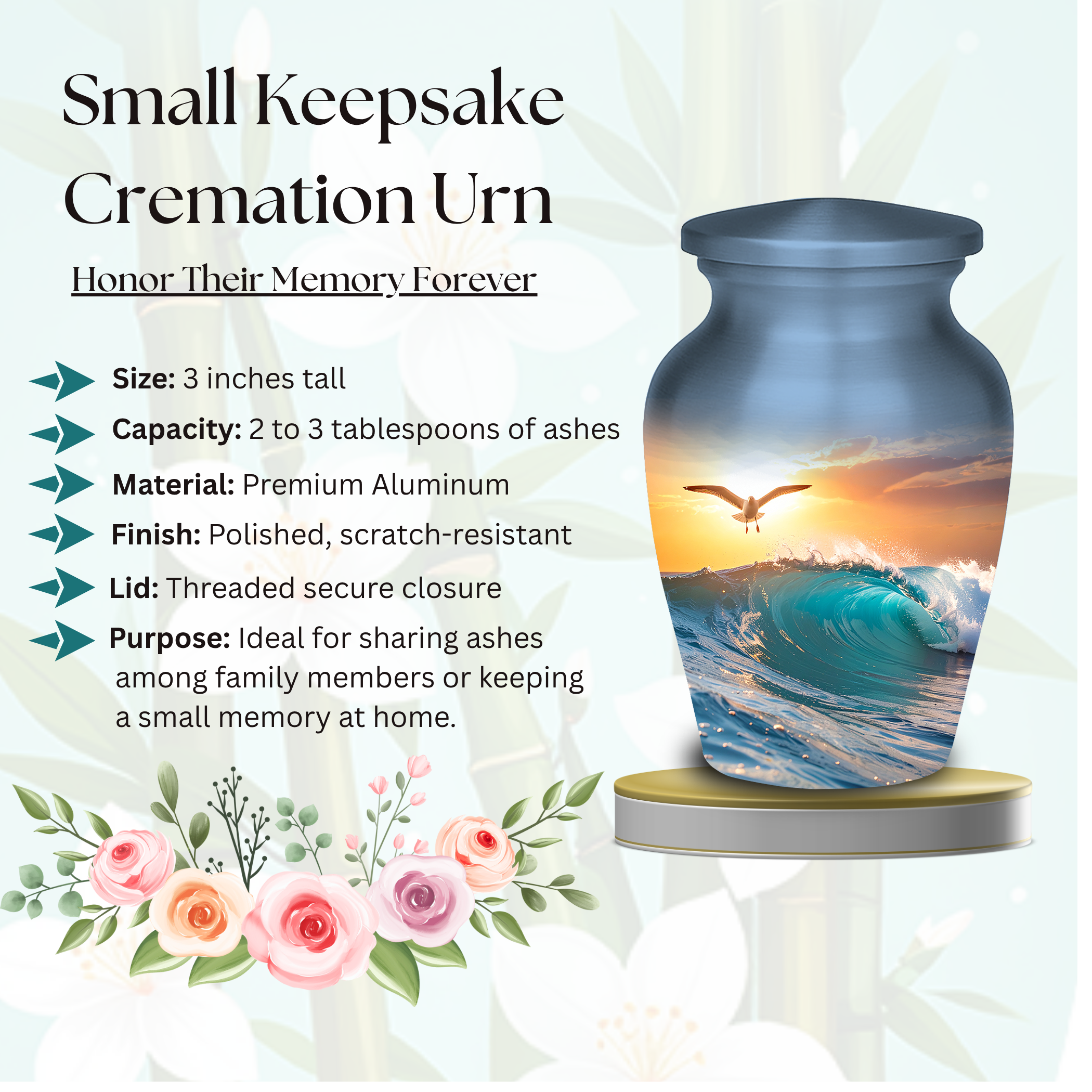 Handmade cremation urn featuring beautiful ocean sunset print