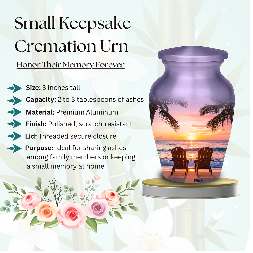 Tropical Beach Sunset Cremation Urn - Adult & Keepsake Sizes, Aluminum Memorial Urn