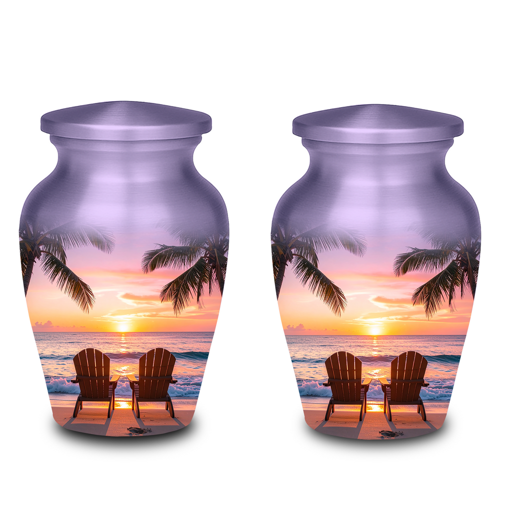 Tropical Beach Sunset Cremation Urn - Adult & Keepsake Sizes, Aluminum Memorial Urn