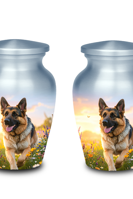 German Shepherd dog running in a sunny field, memorial cremation urn for dog's ashes