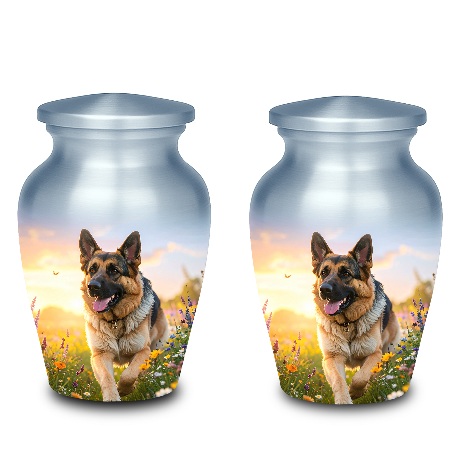 German Shepherd dog running in a sunny field, memorial cremation urn for dog's ashes