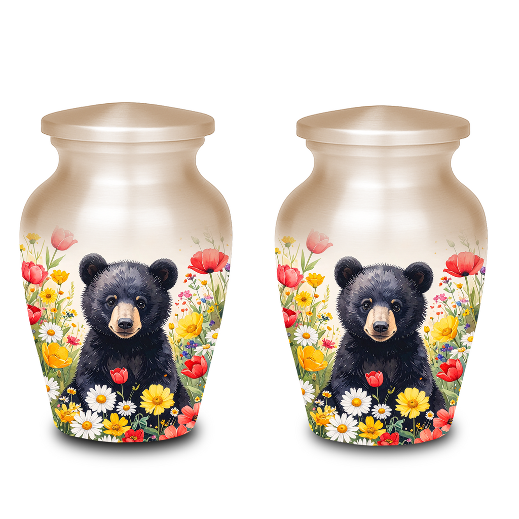 Black Bear in Wild Flower Cremation Urns for Human Ashes | Adult & Keepsake Urns | Premium Aluminum Memorial Urns | Beautiful Funeral Keepsakes