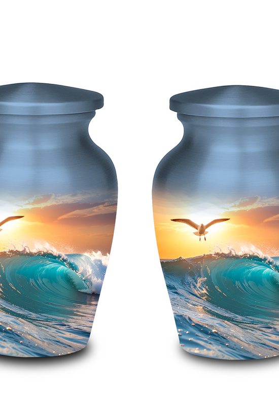 Mini cremation urn with glossy sunset sea artwork