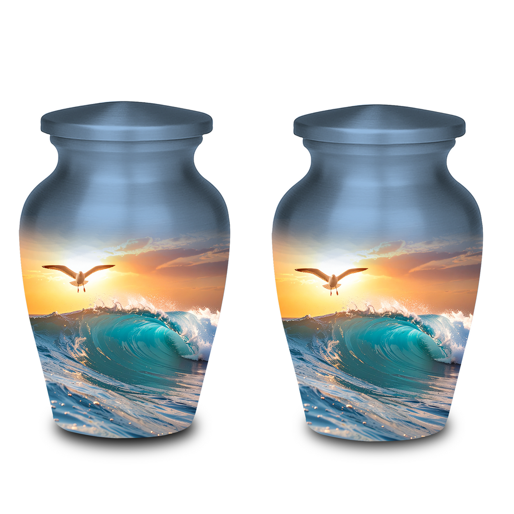 Mini cremation urn with glossy sunset sea artwork