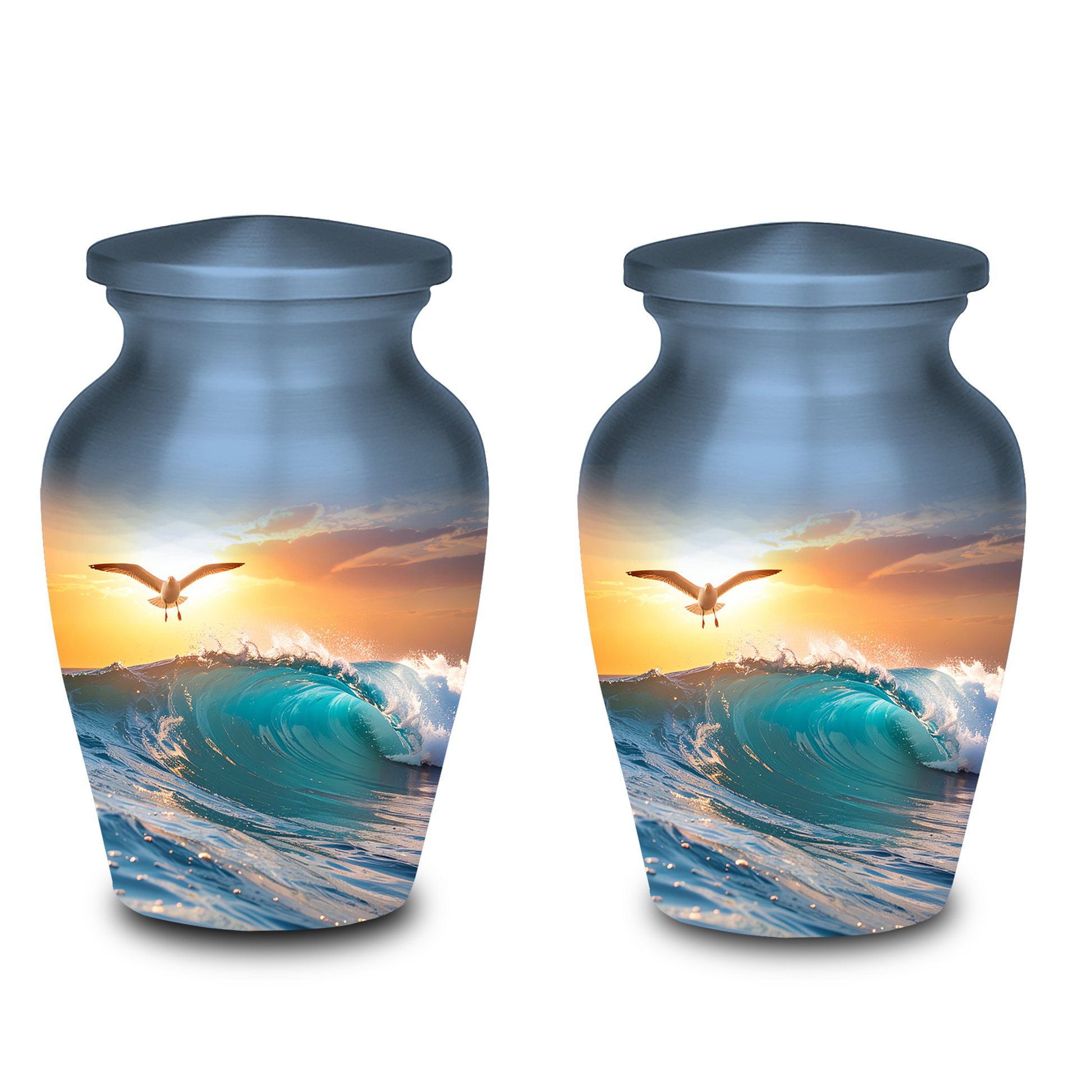 Mini cremation urn with glossy sunset sea artwork