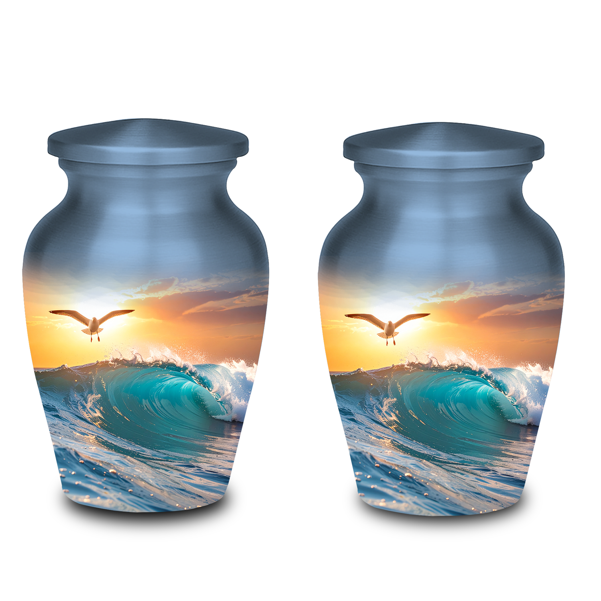 Mini cremation urn with glossy sunset sea artwork