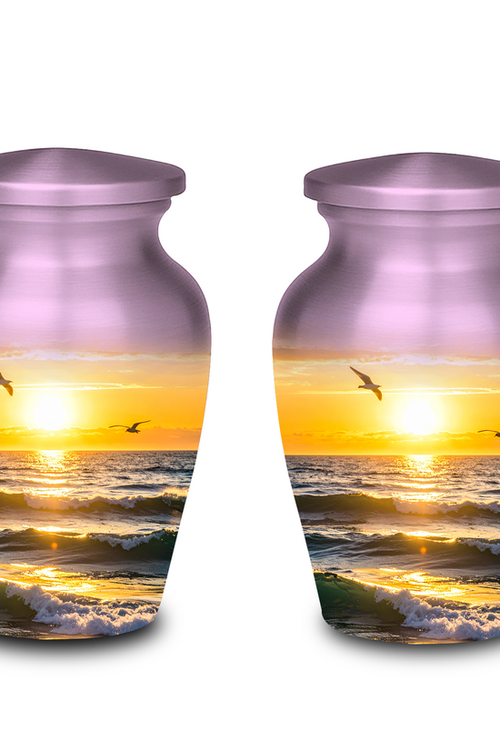 Decorative urn with vibrant sunset colors and ocean view