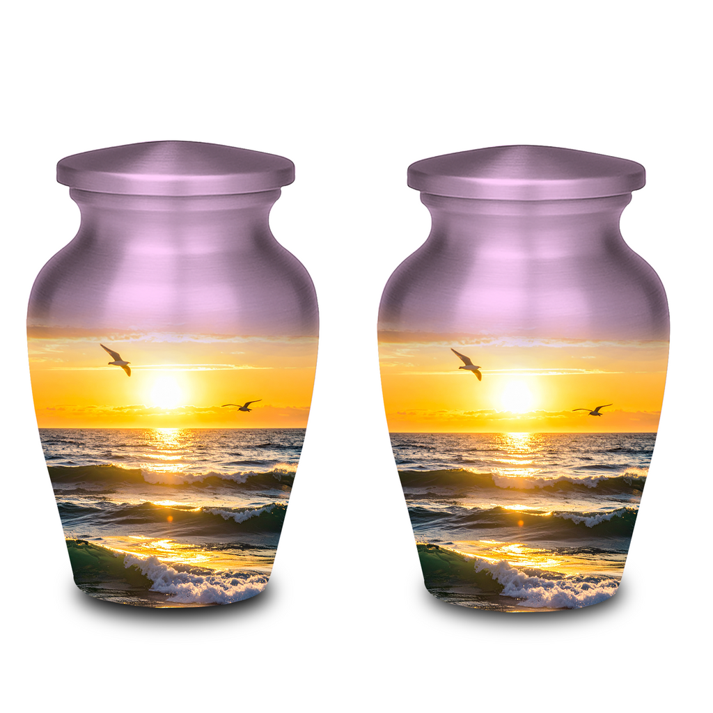Decorative urn with vibrant sunset colors and ocean view