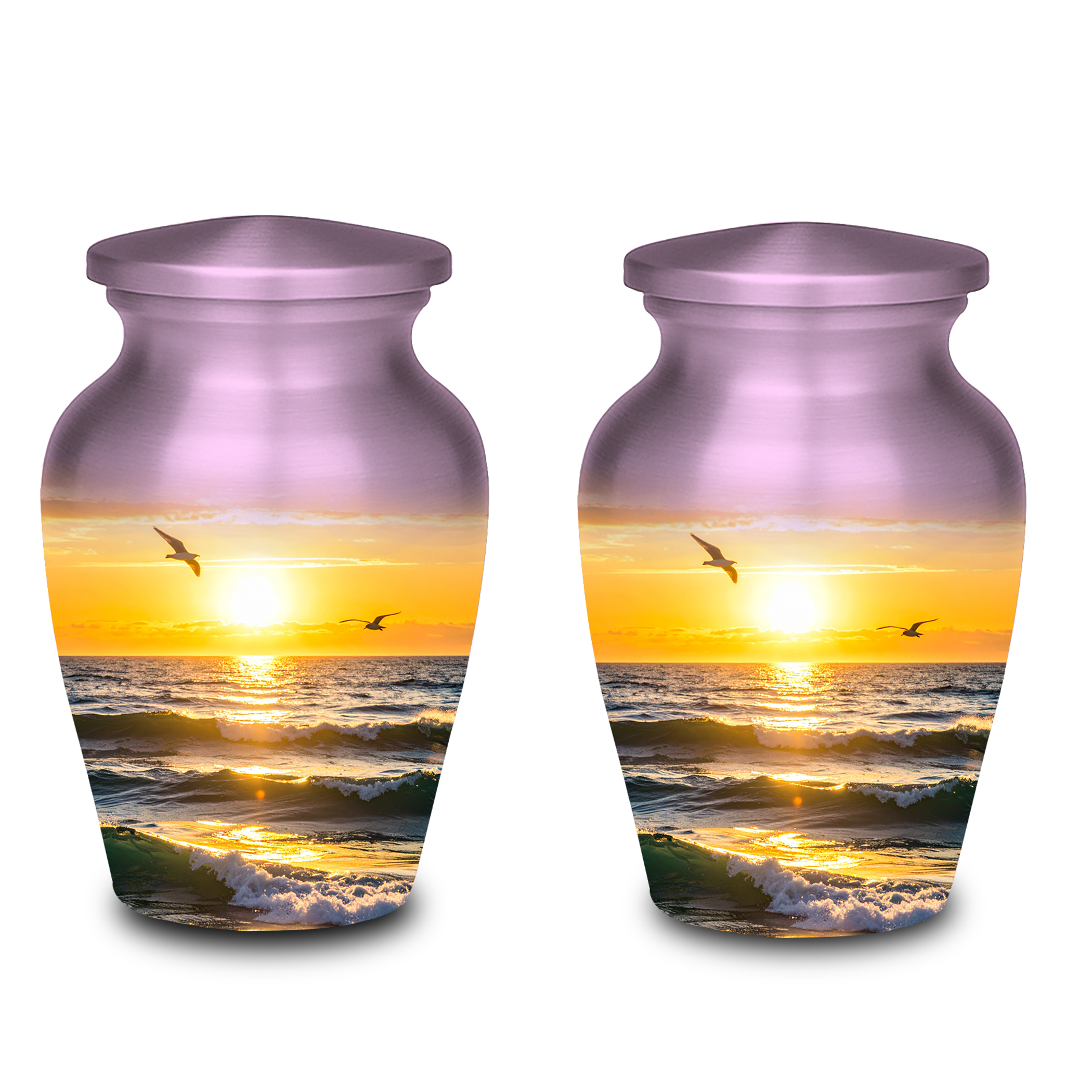 Decorative urn with vibrant sunset colors and ocean view