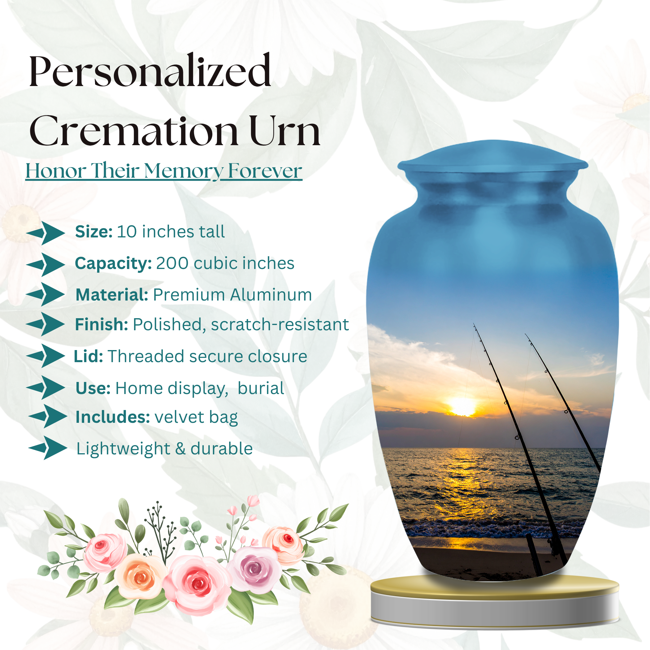 Fishing Cremation Urn for Human Ashes Adult – Handmade Aluminum Fisherman Memorial Funeral Urn, 10 Inch Large 200 Cubic Inches Burial Urn for Ashes
