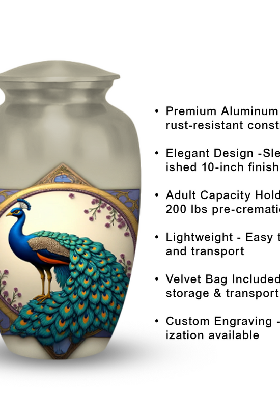 Peacock Cremation Urn for Human Ashes – Elegant Memorial Urn with Velvet Bag