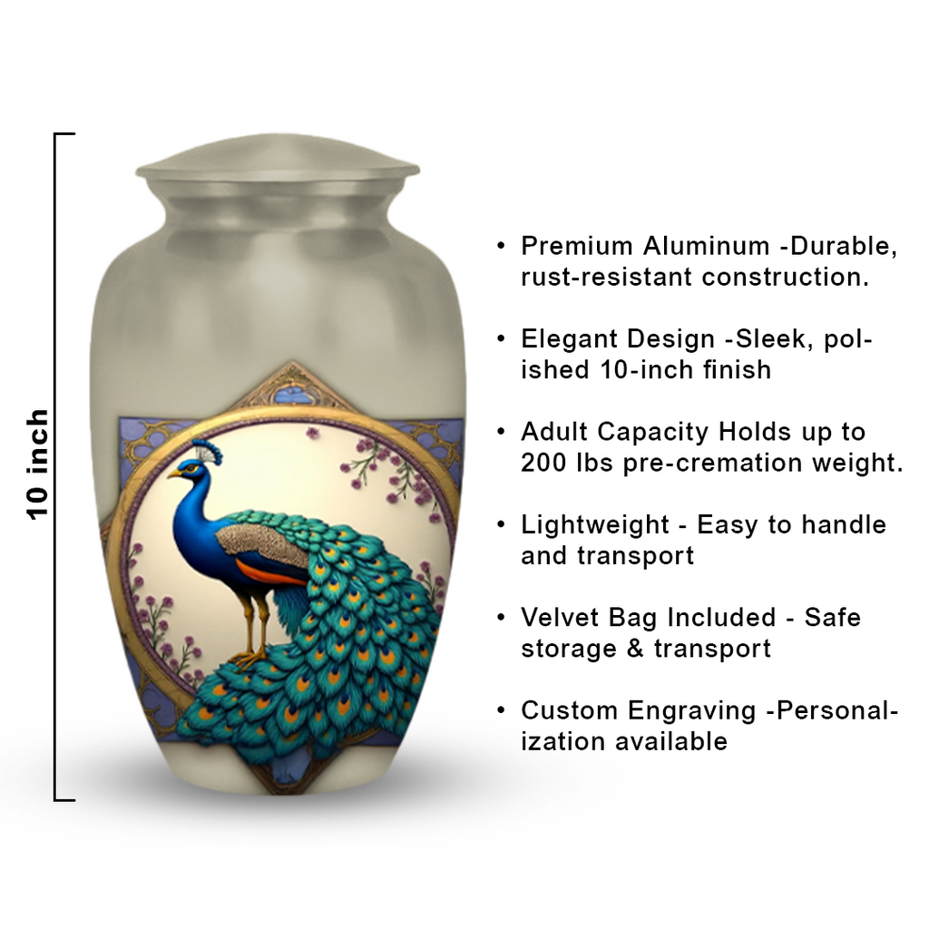 Peacock Cremation Urn for Human Ashes – Elegant Memorial Urn with Velvet Bag