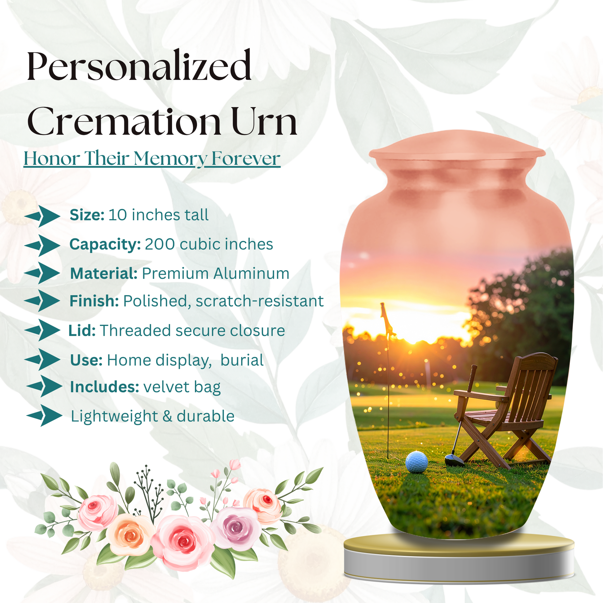 Golf Course Sunset Cremation Urn for Human Ashes - Adult & Keepsake Memorial Urns