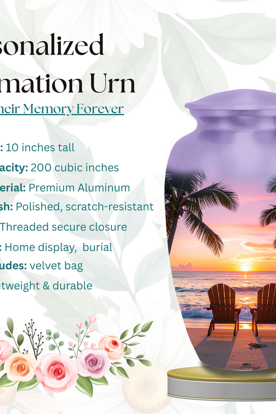 Angled front view of the tropical beach sunset aluminum urn for ashes, highlighting its 10-inch height