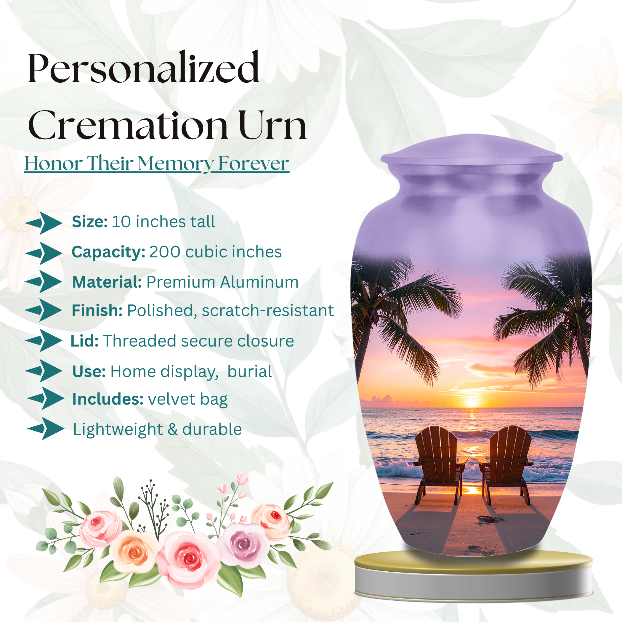 Angled front view of the tropical beach sunset aluminum urn for ashes, highlighting its 10-inch height