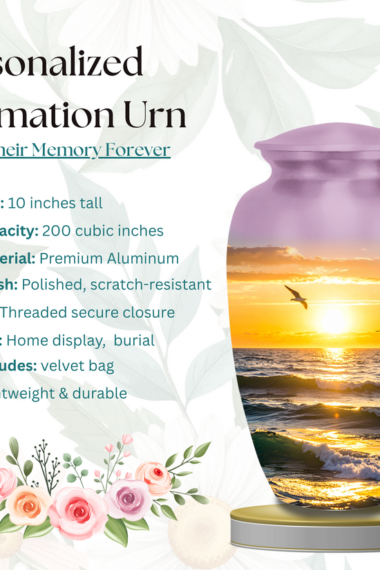 Handmade cremation urn with peaceful sunset sea design