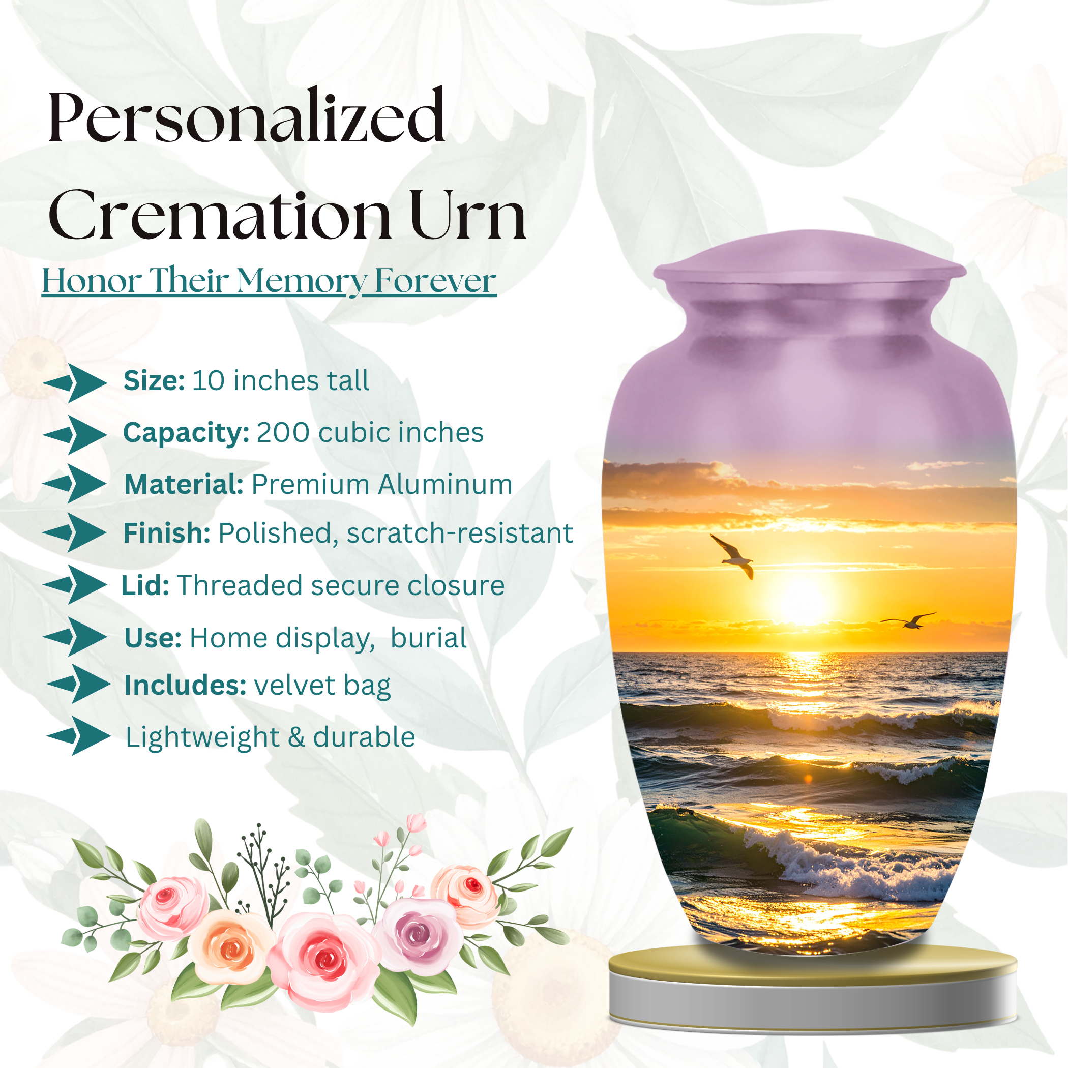 Handmade cremation urn with peaceful sunset sea design