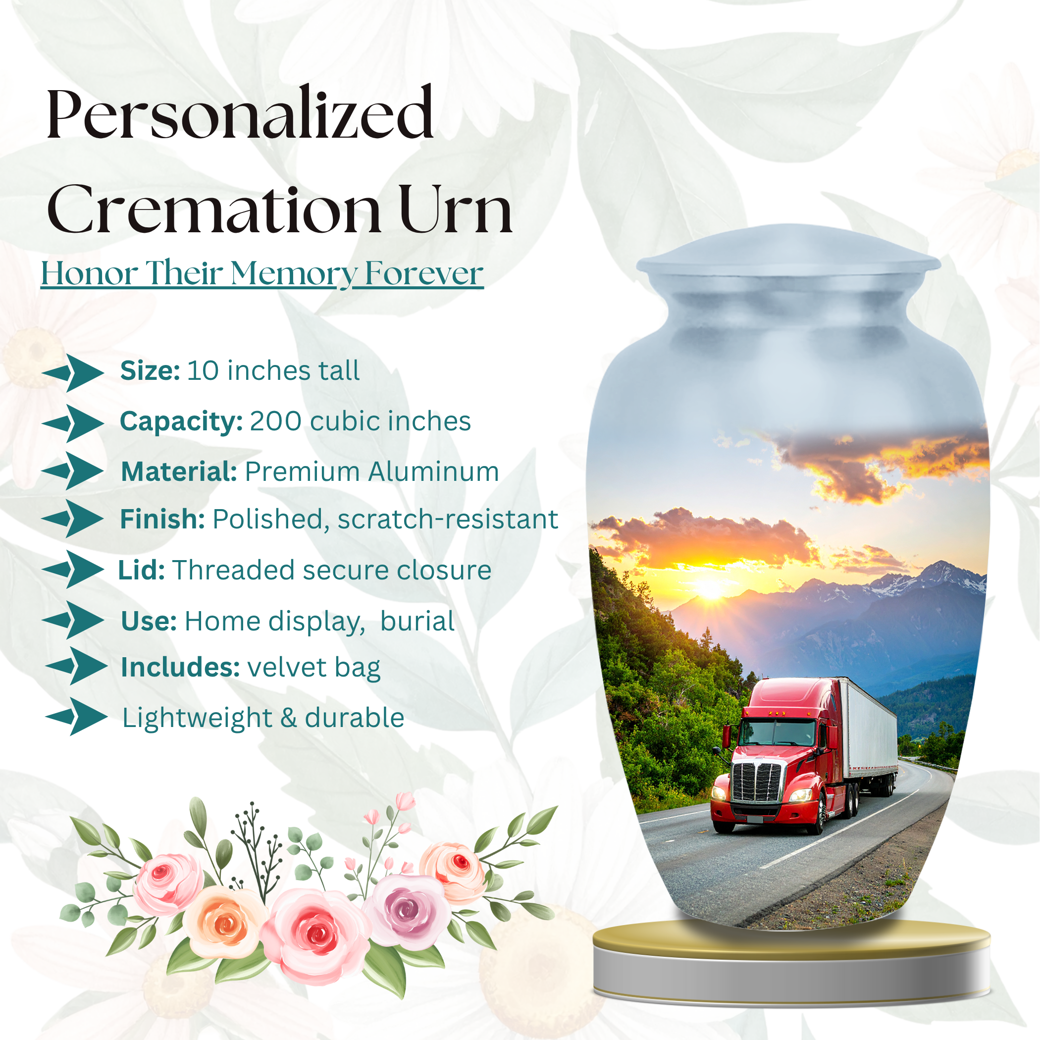 Truck cremation urn with fade-resistant printing and elegant design