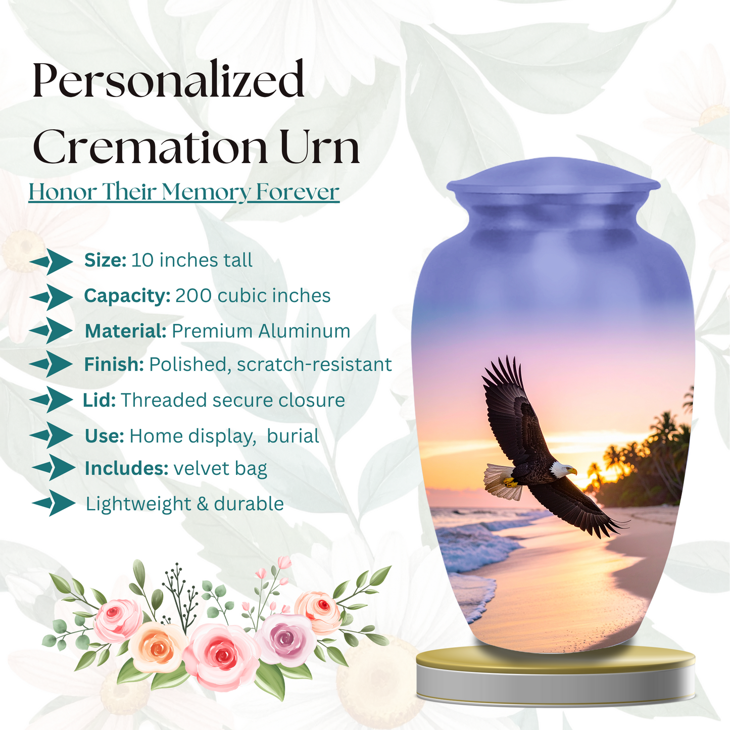 Sunrise beach urn with eagle in flight