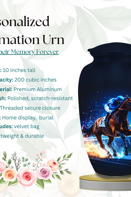 Jockey memorial urns for ashes displayed horse racing themed cremation urns racetrack style memorial tribute
