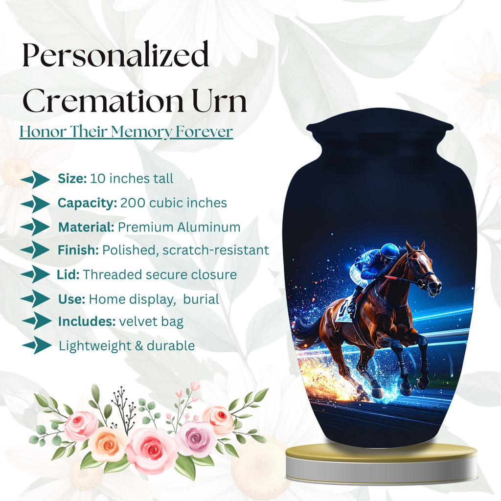 Jockey memorial urns for ashes displayed horse racing themed cremation urns racetrack style memorial tribute
