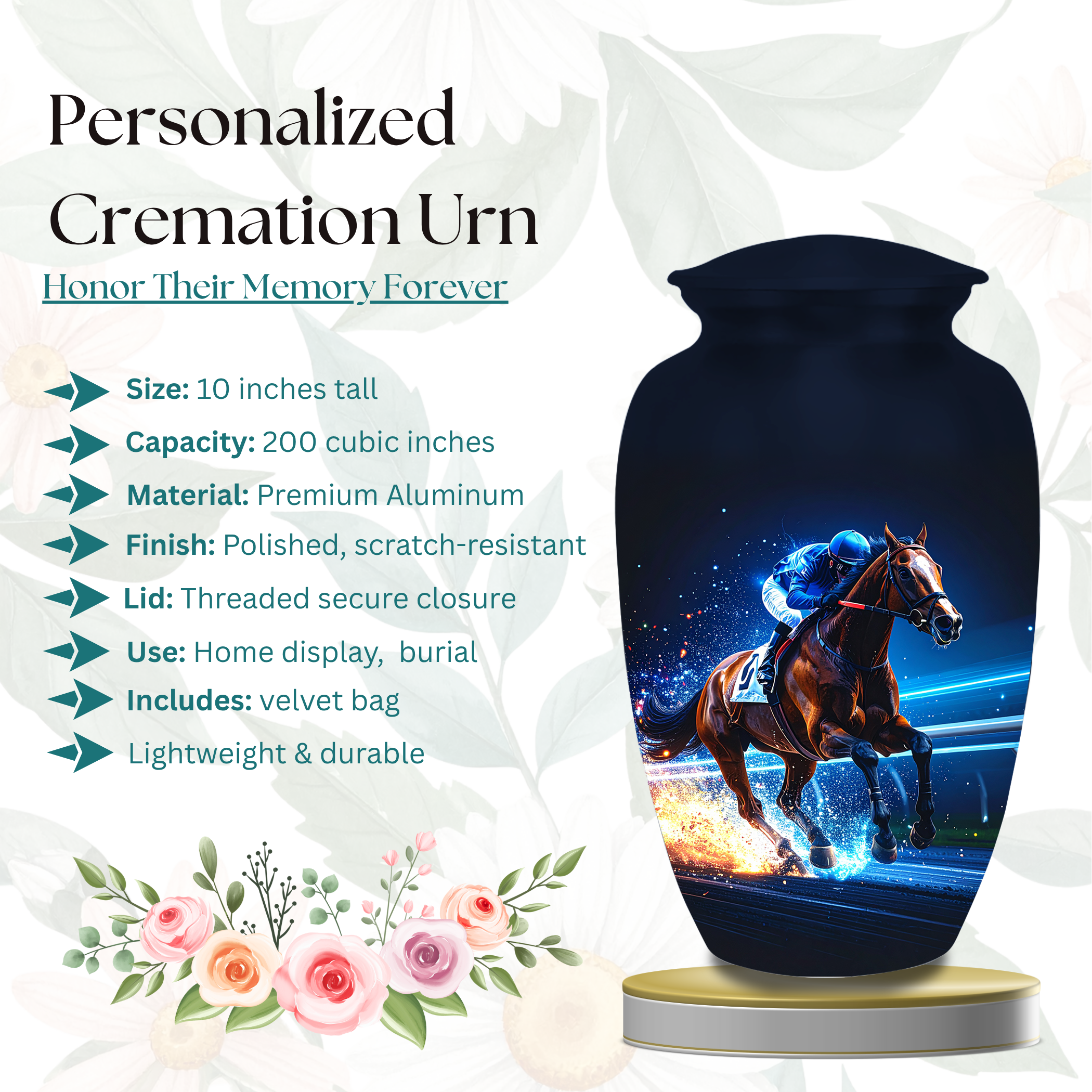 Jockey memorial urns for ashes displayed horse racing themed cremation urns racetrack style memorial tribute
