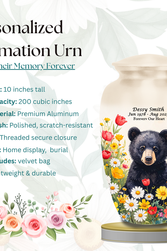 Black Bear in Wild Flower Cremation Urns for Human Ashes | Adult & Keepsake Urns | Premium Aluminum Memorial Urns | Beautiful Funeral Keepsakes