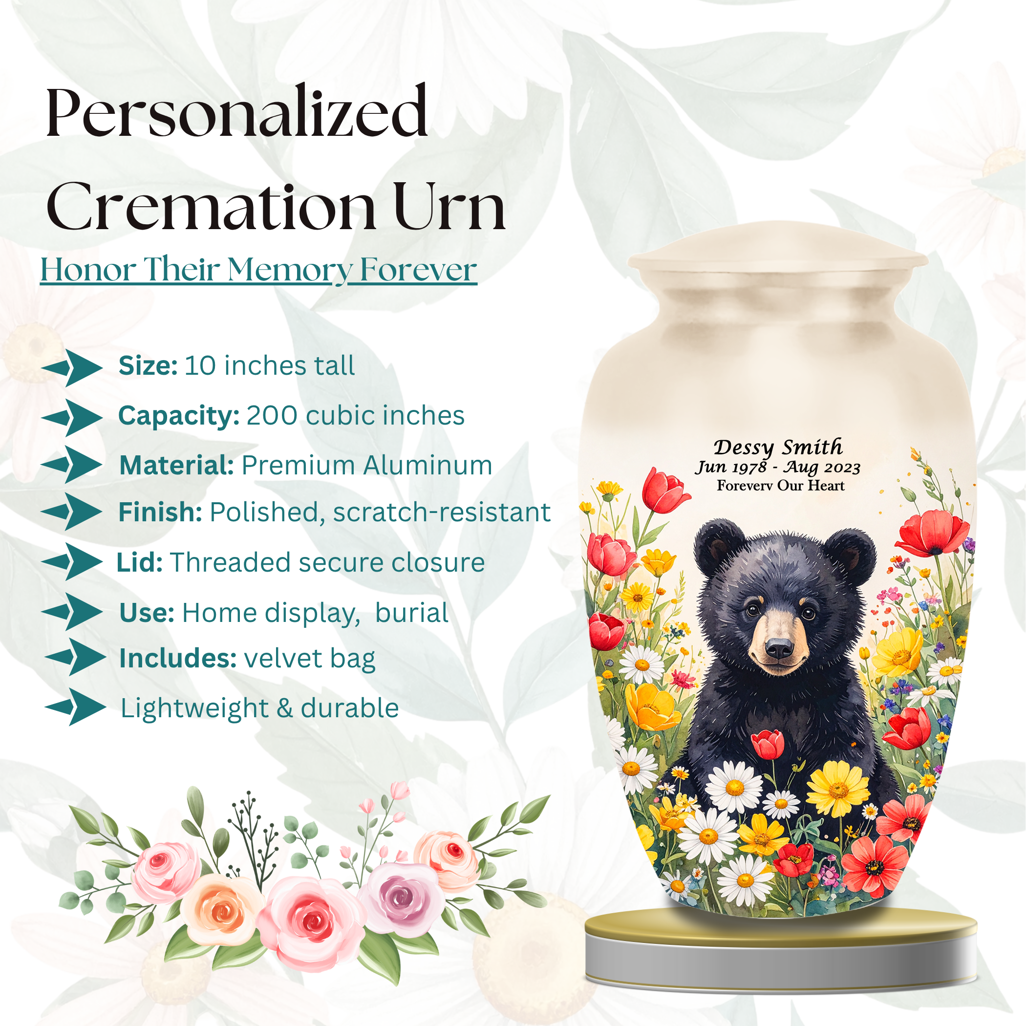 Black Bear in Wild Flower Cremation Urns for Human Ashes | Adult & Keepsake Urns | Premium Aluminum Memorial Urns | Beautiful Funeral Keepsakes