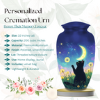 Black cat reaching for the moon in a dandelion field urn
