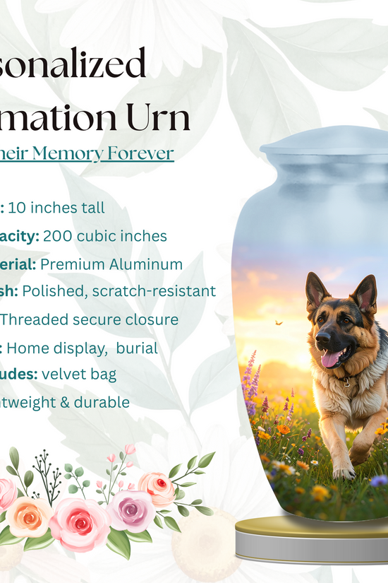 Adult 200 cubic inch German Shepherd pet urn, aluminum, with dog in sunset wildflower field design