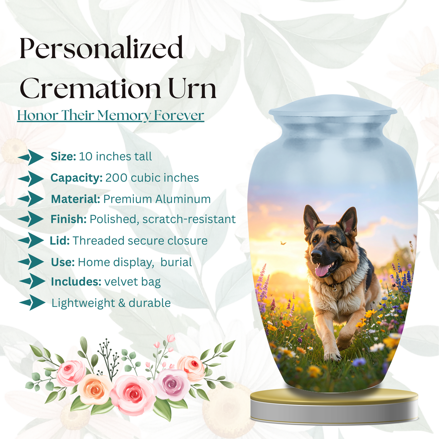 Adult 200 cubic inch German Shepherd pet urn, aluminum, with dog in sunset wildflower field design
