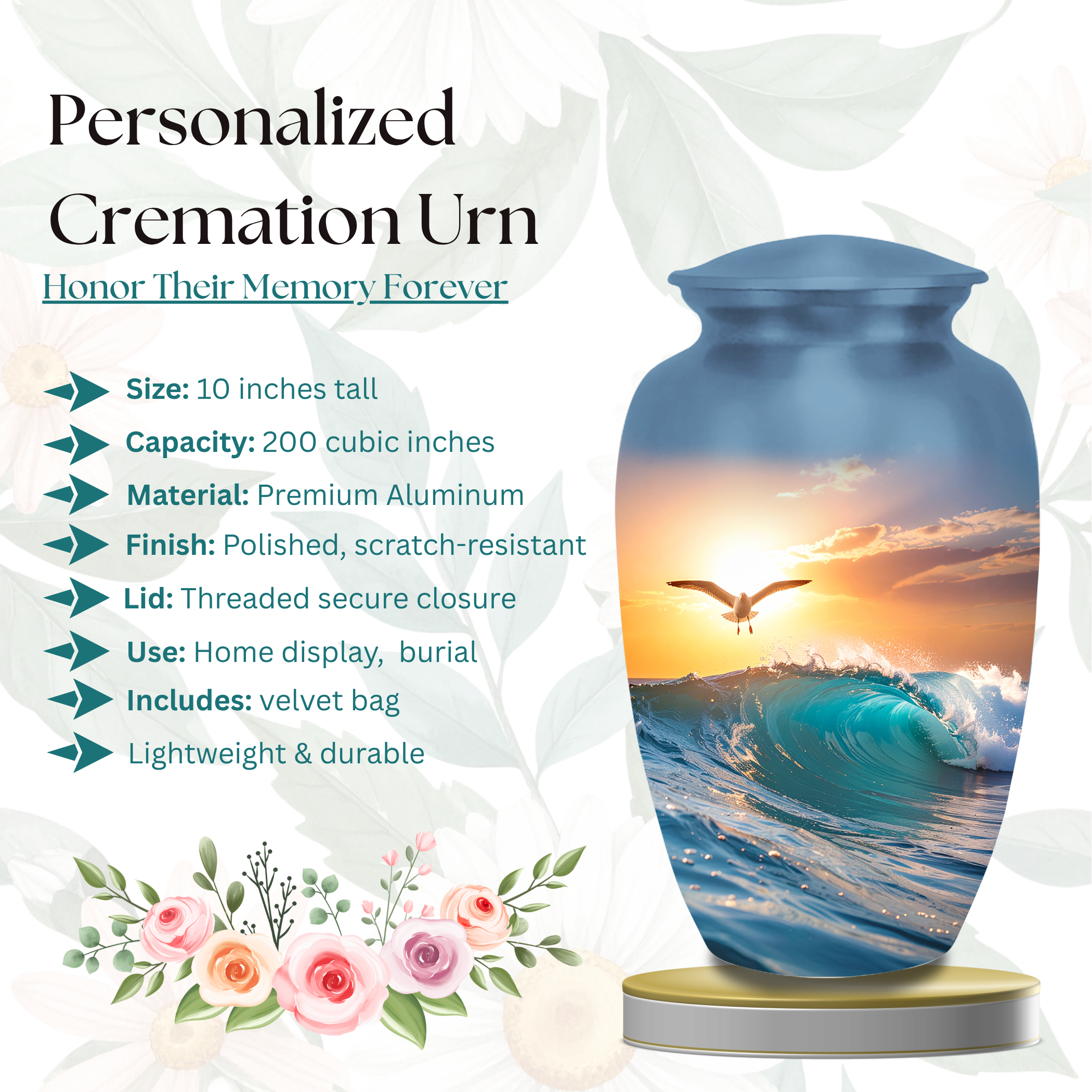 Large sunset ocean memorial urn for adult human ashes