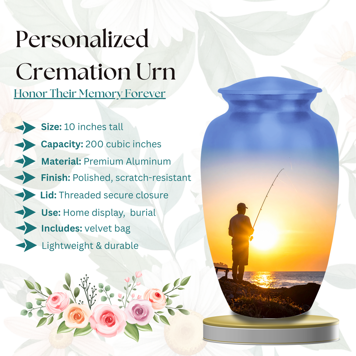 Bass fishing artwork cremation urns decorative fishing urns for ashes lake scene fisherman memorial aluminum urns
