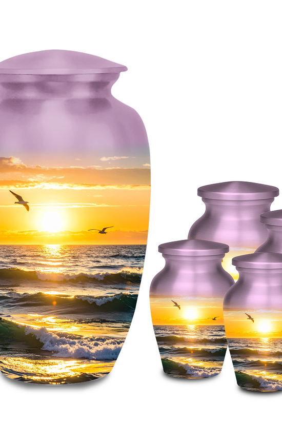 Large adult cremation urn with sunset over the ocean