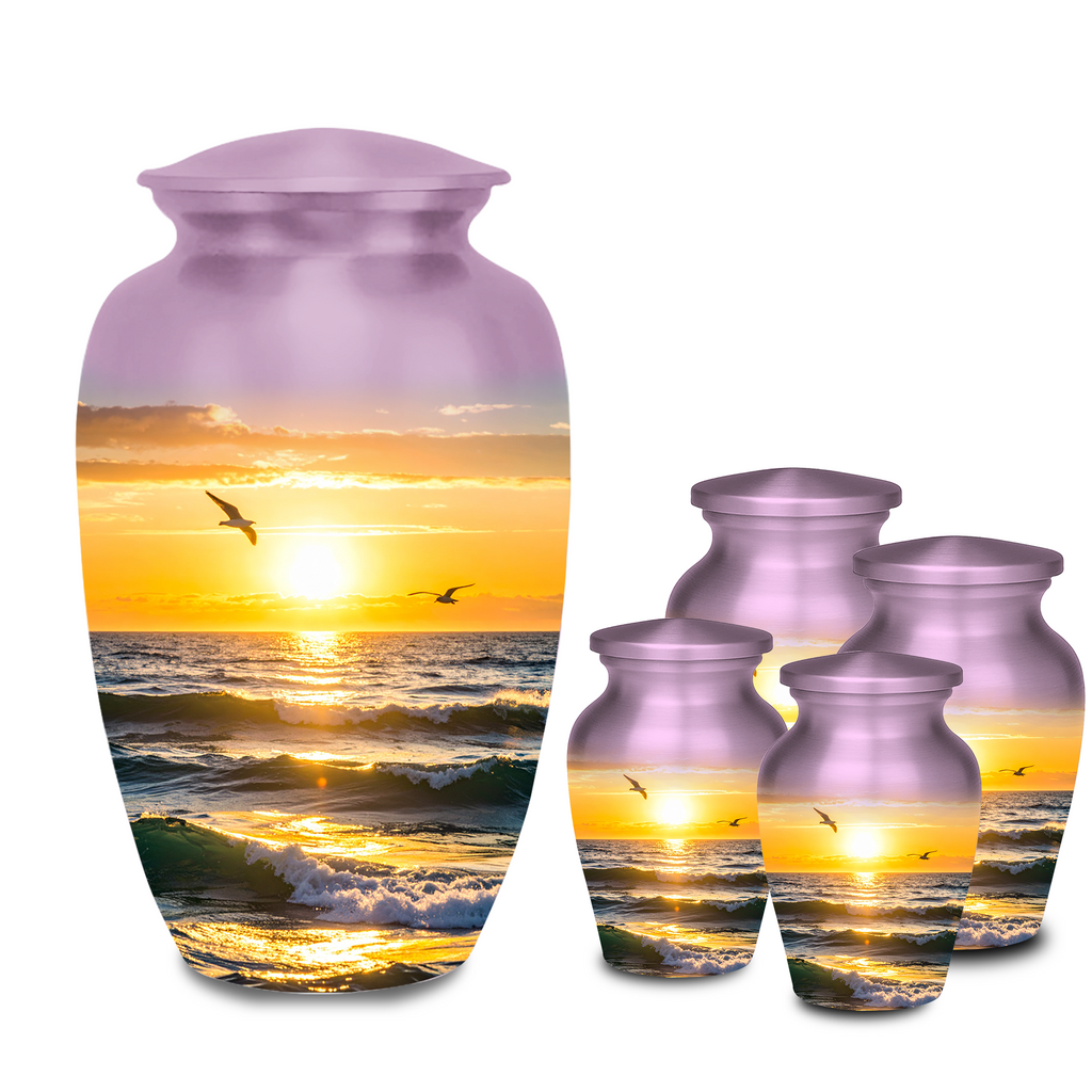 Large adult cremation urn with sunset over the ocean