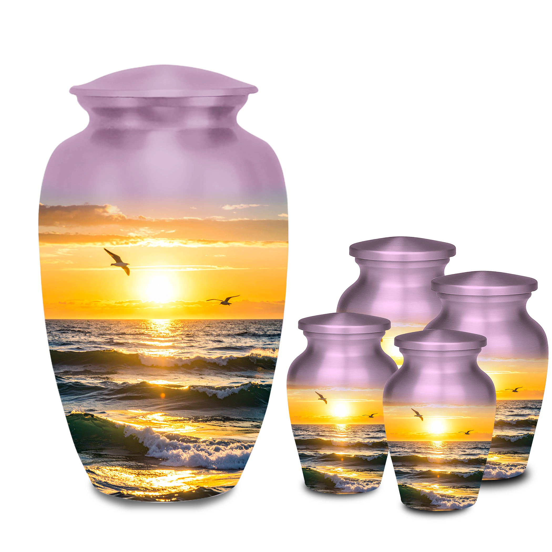 Large adult cremation urn with sunset over the ocean