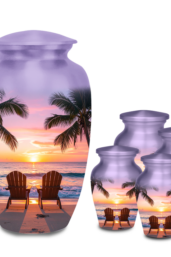 large and Small 3-inch keepsake urn for ashes in its protective black velvet bag, featuring a tropical beach sunset design