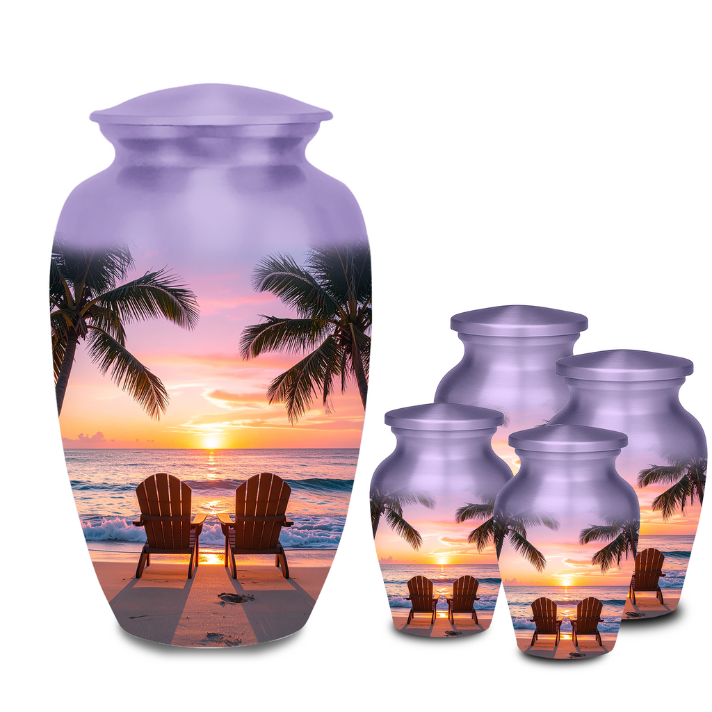 large and Small 3-inch keepsake urn for ashes in its protective black velvet bag, featuring a tropical beach sunset design