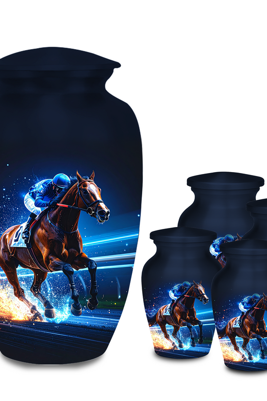 Equestrian memorial urns for human ashes jockey in silks riding thoroughbred aluminum funeral urns night scene
