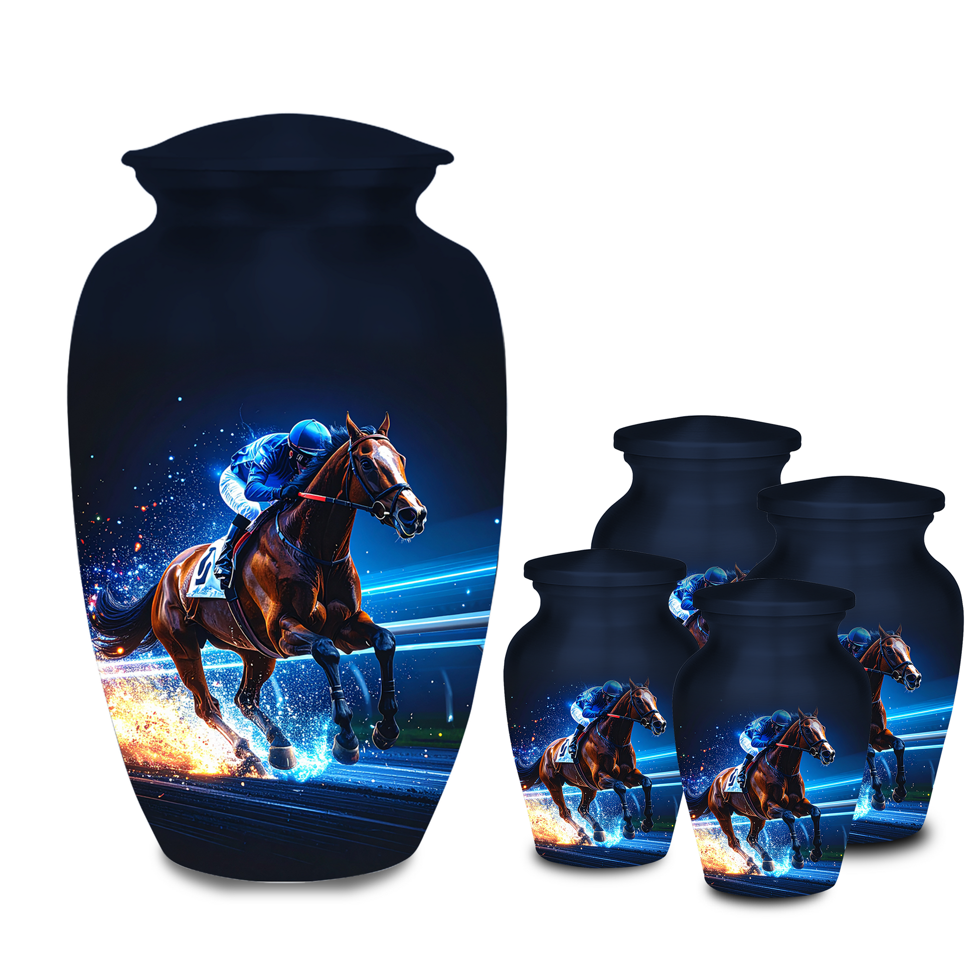 Equestrian memorial urns for human ashes jockey in silks riding thoroughbred aluminum funeral urns night scene
