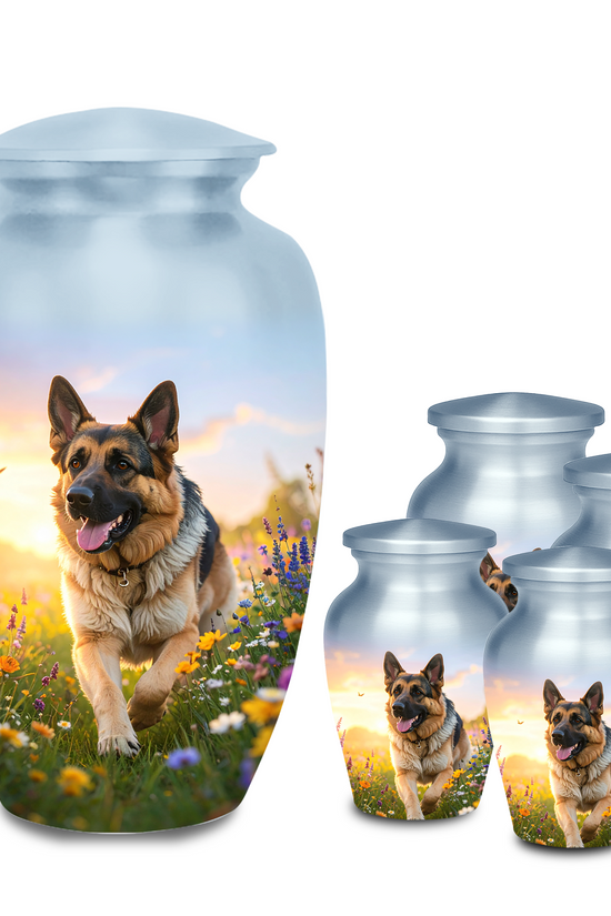 German Shepherd cremation urn for dog ashes, featuring running dog in wildflower field, aluminum material.