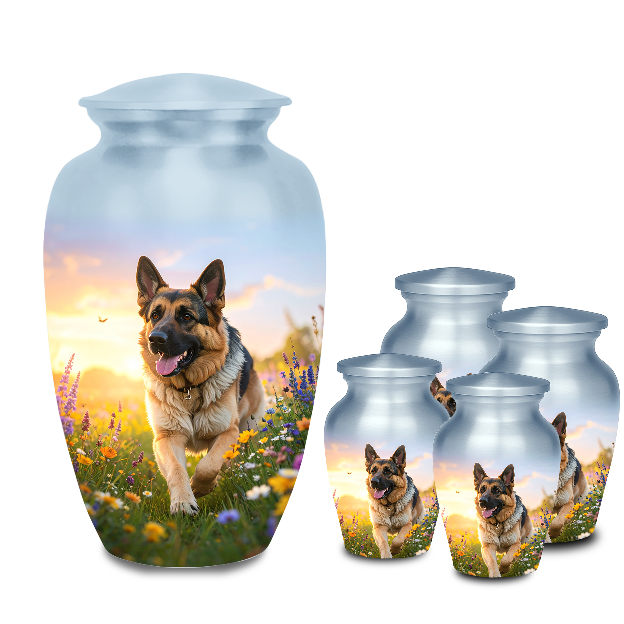 German Shepherd cremation urn for dog ashes, featuring running dog in wildflower field, aluminum material.