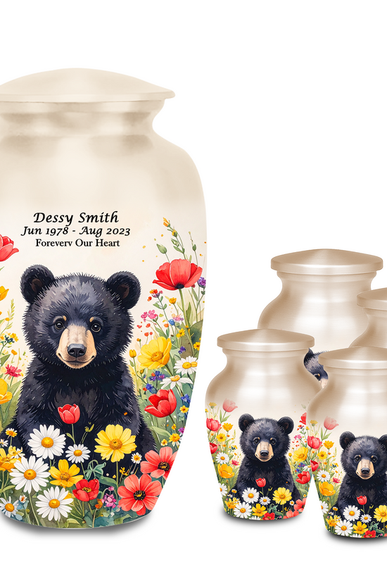 Black Bear in Wild Flower Cremation Urns for Human Ashes | Adult & Keepsake Urns | Premium Aluminum Memorial Urns | Beautiful Funeral Keepsakes