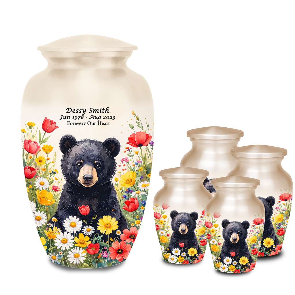 Black Bear in Wild Flower Cremation Urns for Human Ashes | Adult & Keepsake Urns | Premium Aluminum Memorial Urns | Beautiful Funeral Keepsakes